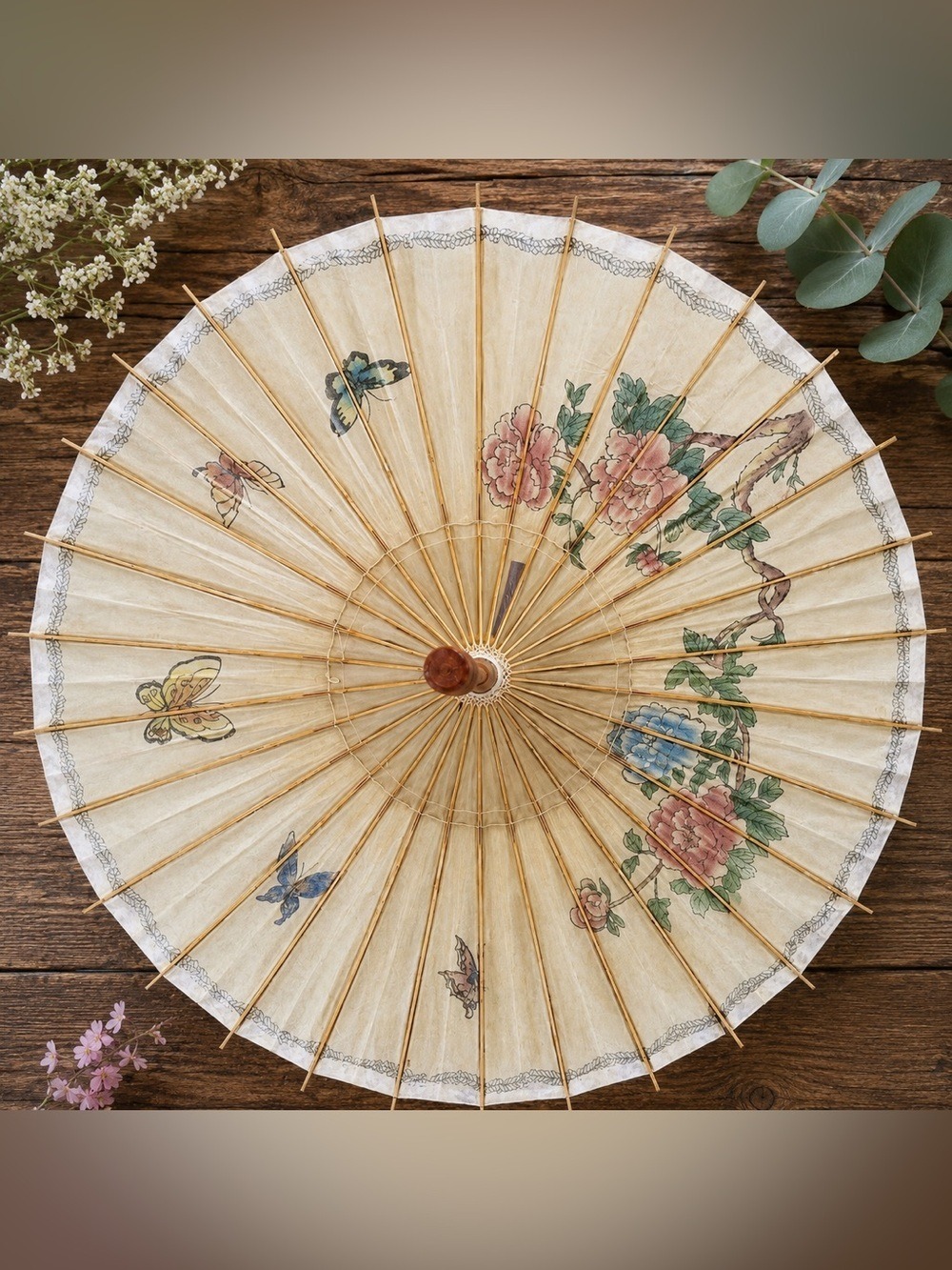 🦋Vintage Chinese Hand Painted Paper Bamboo Parasol Umbrella 40” Floral Butterfly